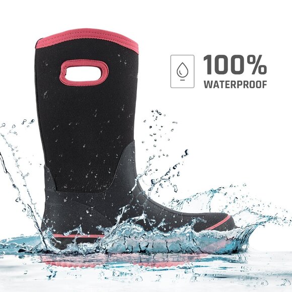 Boys Waterproof Neoprene Boots Black Red Size 1Y Pull-On Rain Snow - Picture 1 of 8